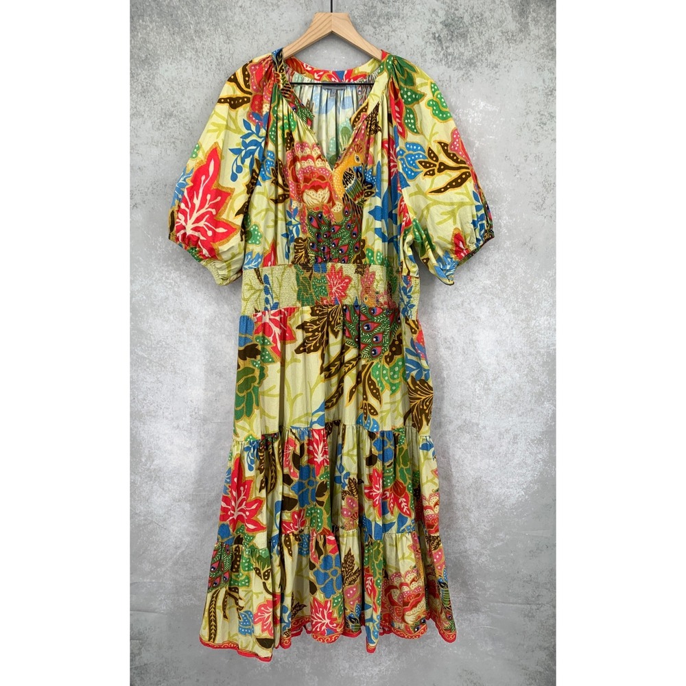 Anthropologie Conditions Apply Dress 24W Yellow Floral Peacock Smocked Maxi